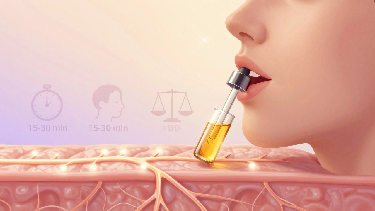 Zlatý CBD olej kapá pod jazyk, viditelné krevní cévy vedou do těla.