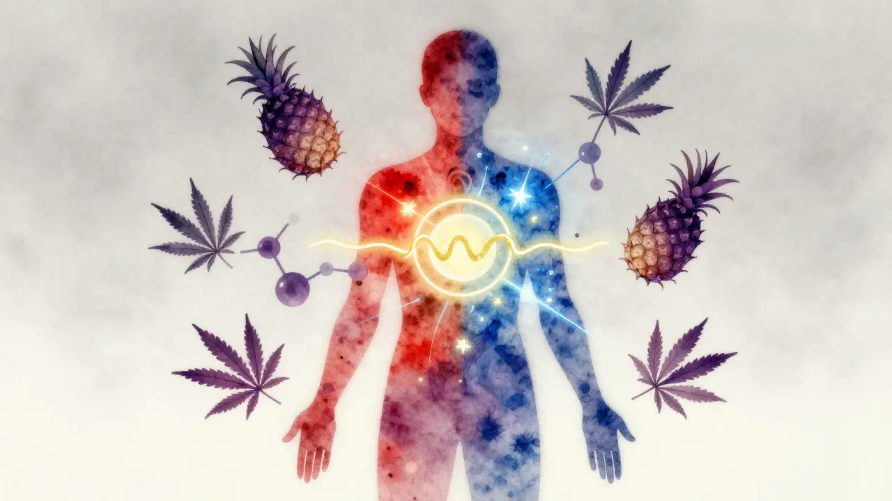 Abstraktní silueta člověka s symboly hladu, cukru a energie v kontextu konopí.