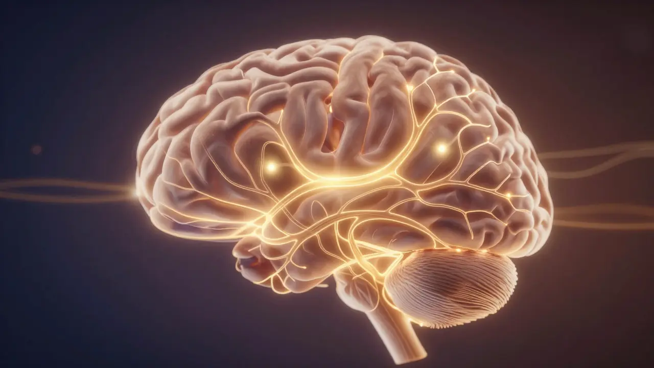 Abstraktní znázornění nervových cest v mozku s jemnými zlatými pulzy symbolizujícími CBD.