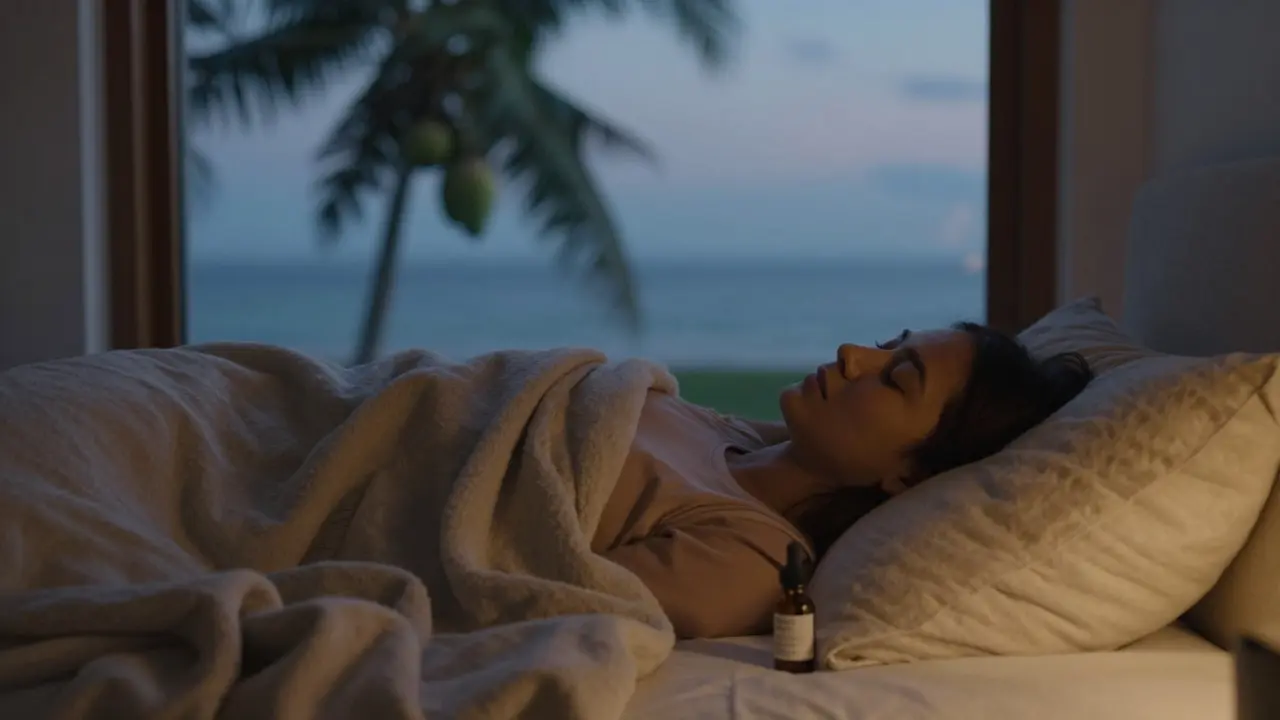 Člověk klidně odpočívá v posteli s CBD olejem vedle sebe při soumraku.