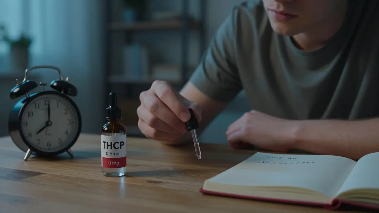 Člověk se zvažuje mezi malou dávkou THCP a větší dávkou Delta-11 v nočním prostředí