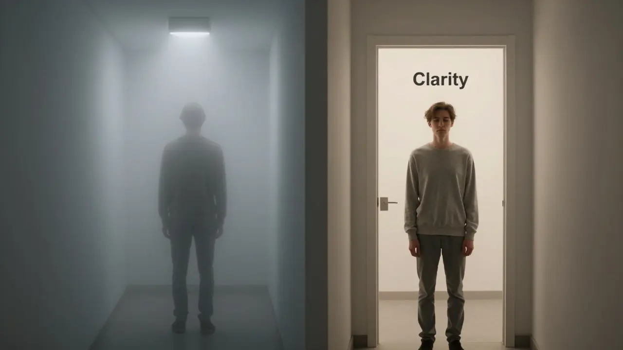 Dvě cesty: jedna zmatečná s Delta-9, druhá klidná s H4CBD — symbolický kontrast účinků.