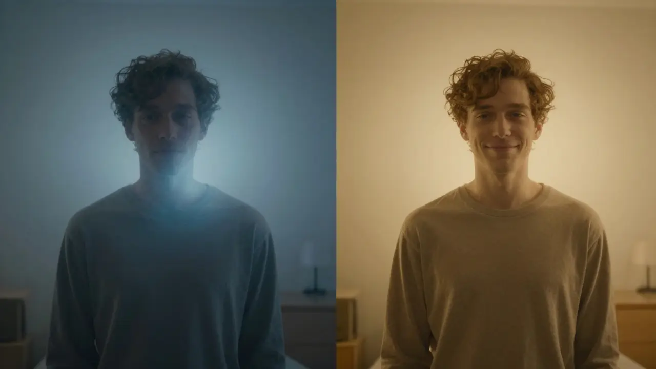 Dvě verze stejné osoby: jedna uklidněná, druhá zmatená – symbolické srovnání HHC a Delta 8.