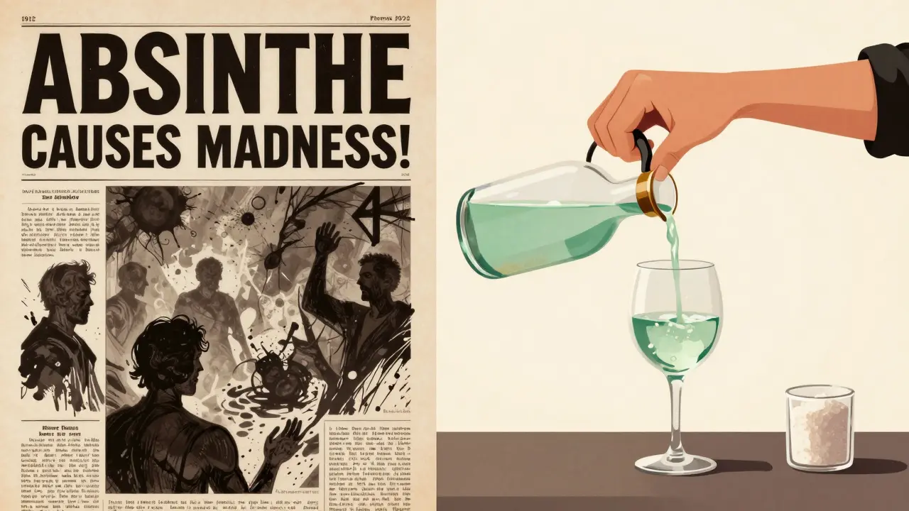 Dvojité zobrazení: panika o absinthu v roce 1912 vs. moderní příprava nápoje.