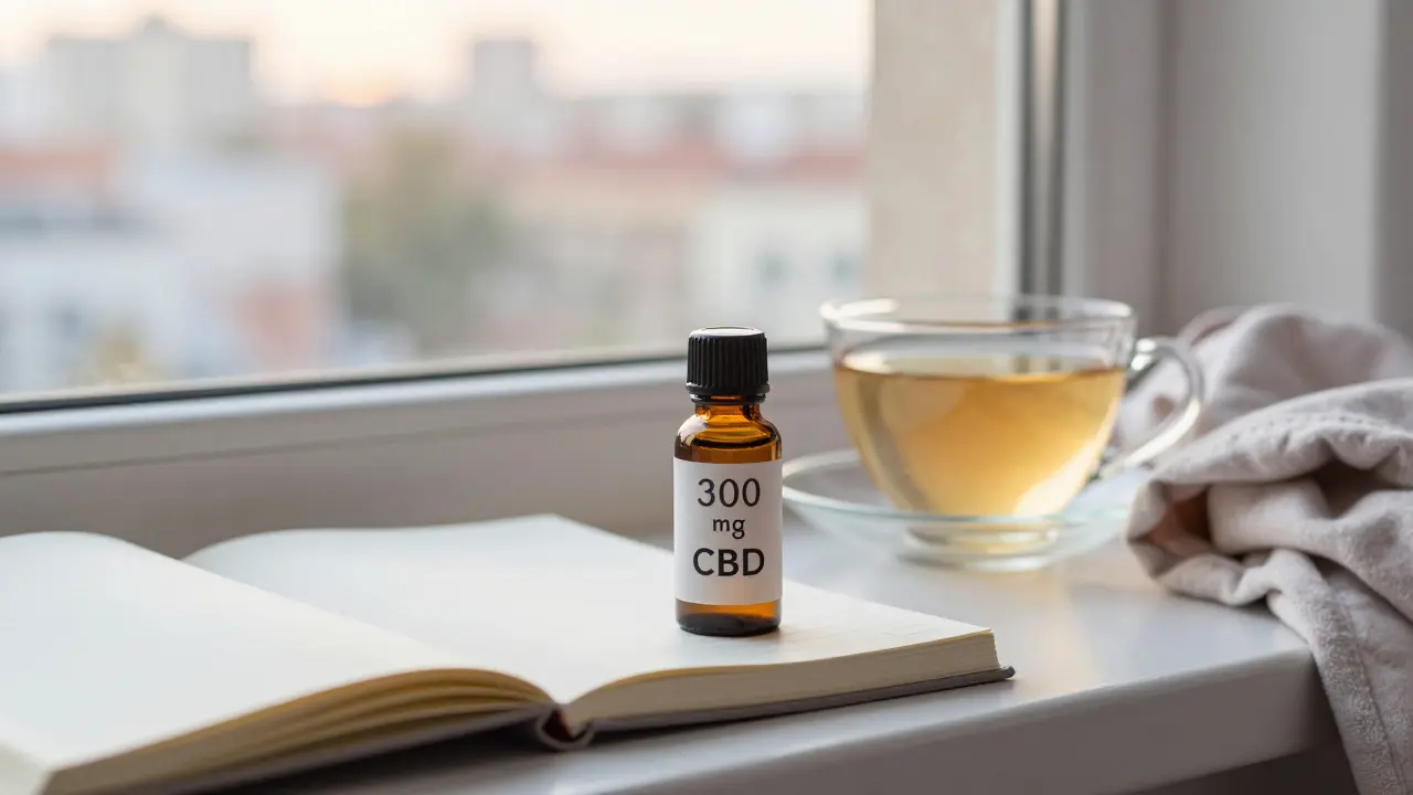 Kapky CBD na windowsillu vedle čaje, sešitu a pyžama v ranním světle.