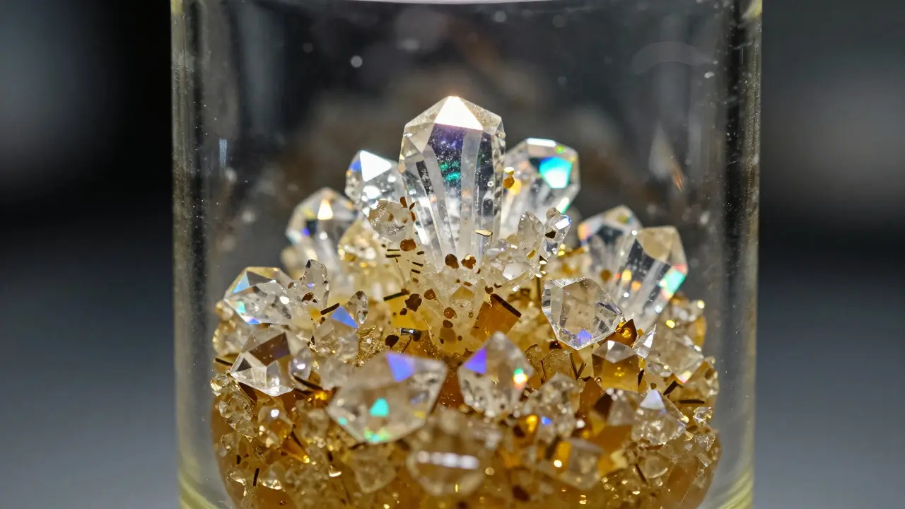 Křehké krystaly THC diamonds v skleněné lahvičce s terpenovou tekutinou.