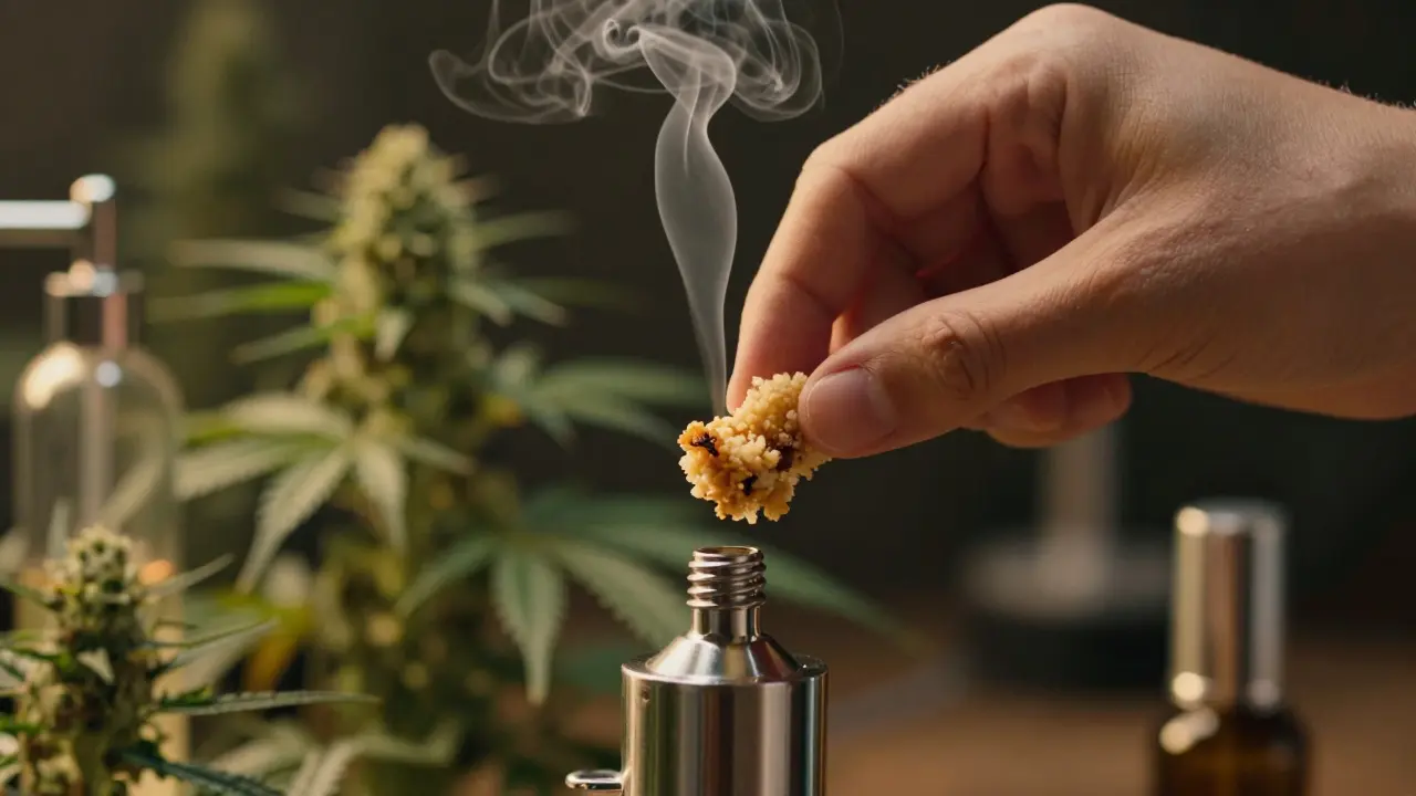 Malý kousek crumble na horké desce s výpary při dabování.