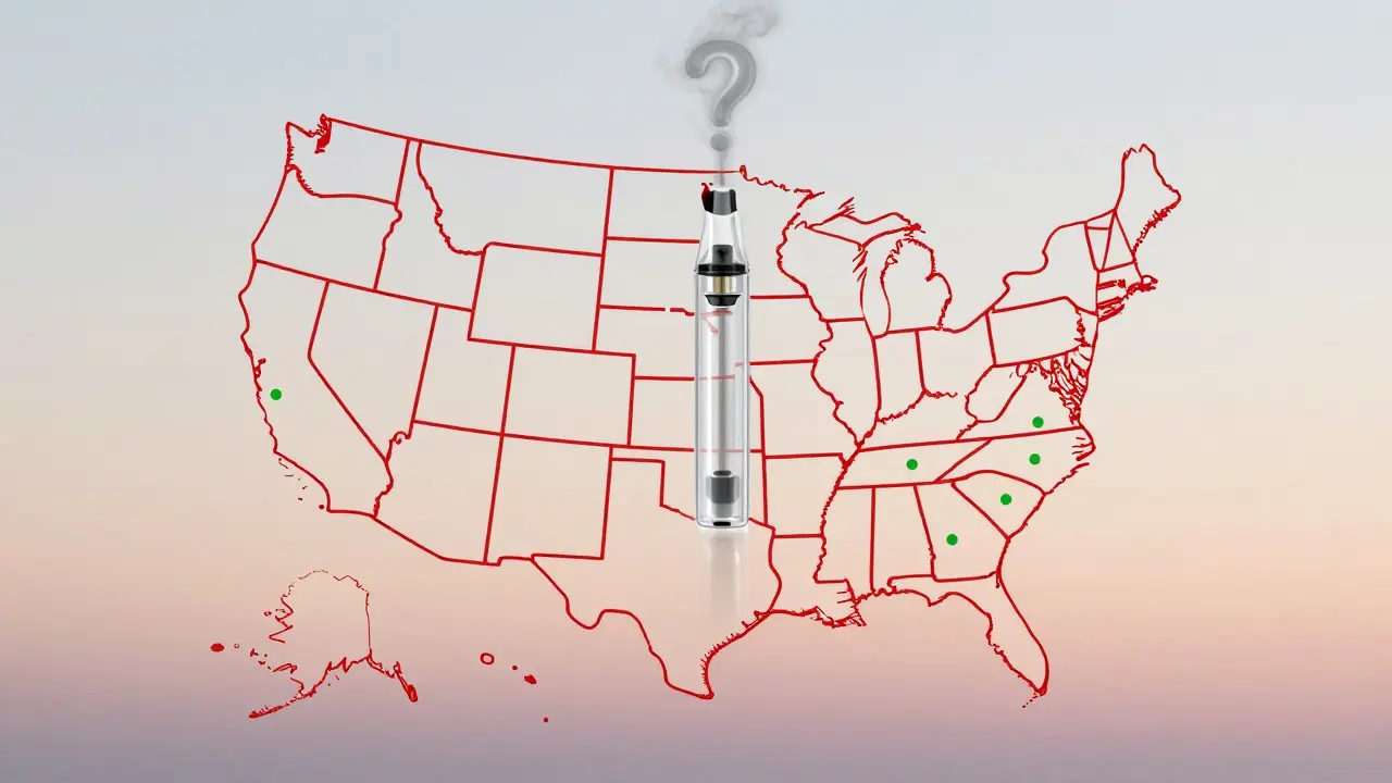 Mapa USA s červenými hranicemi zakázaných států a zelenými body legálních, nad nimi se rozptylující kouř.