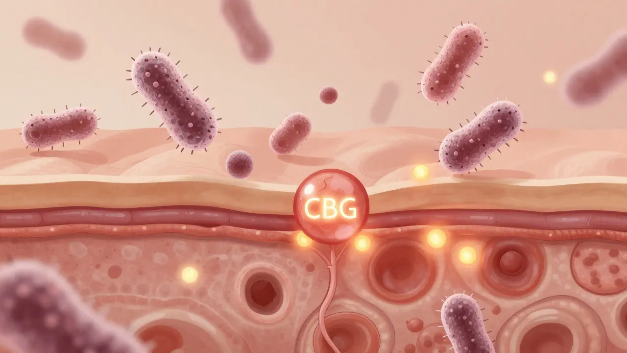 Mikroskopický pohled na kůži s CBG molekulami, které uklidňují zánět a posilují bariéru.