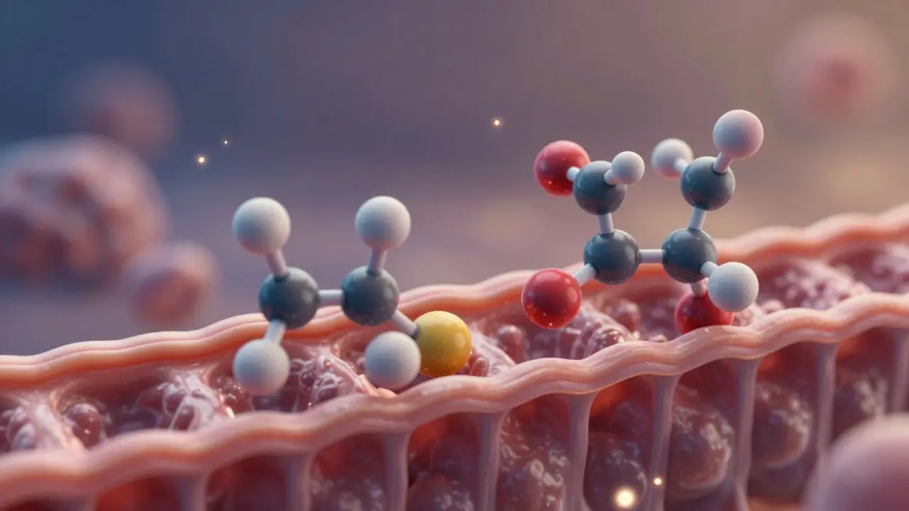 Molekulární ilustrace CBD, THC a myrcenu při průchodu buněčnou membránou.