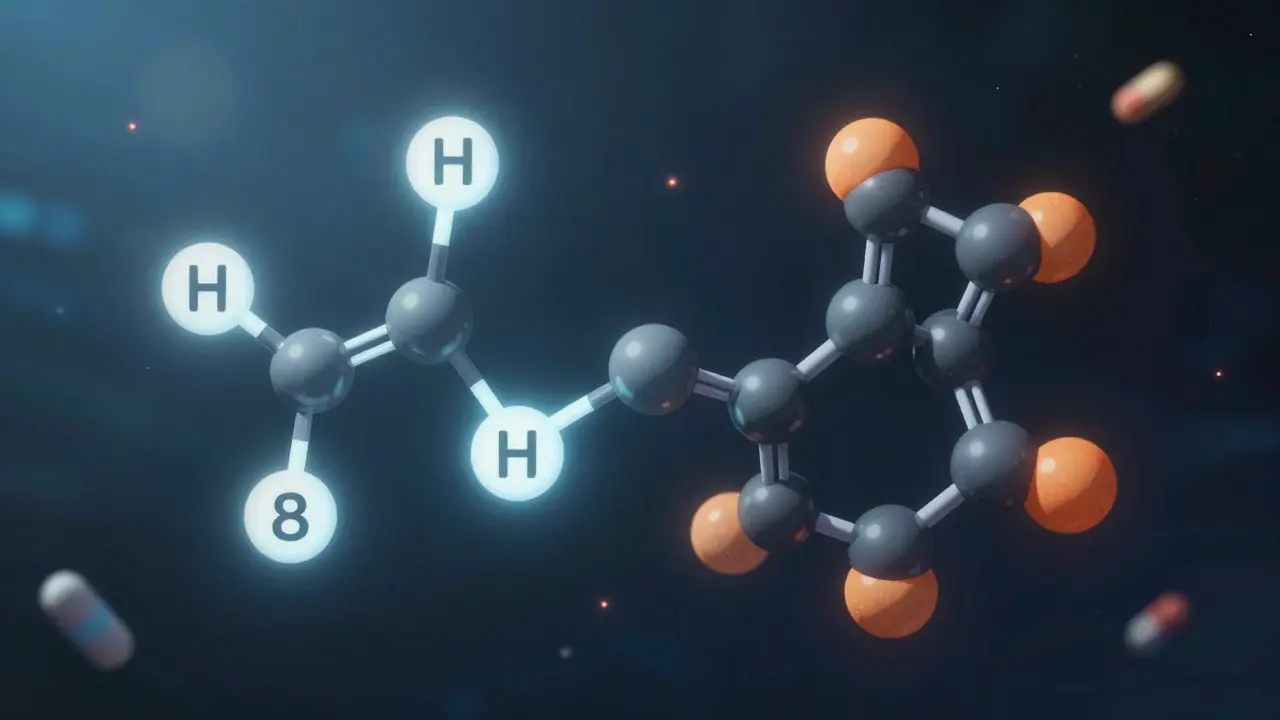 Molekulární struktury Delta 8 a HHC plavající v temném prostoru s částicemi metabolitů.