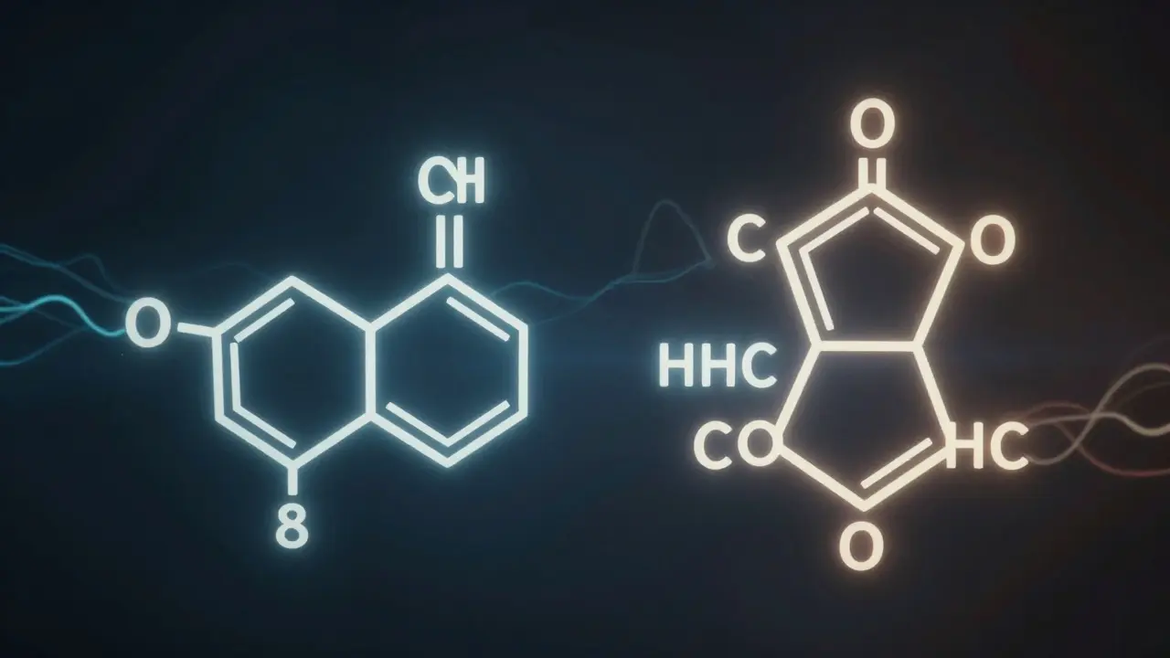 Molekulární struktury Delta 8 a HHC v abstraktním stylu s jemným zářením a barevnými odstíny.