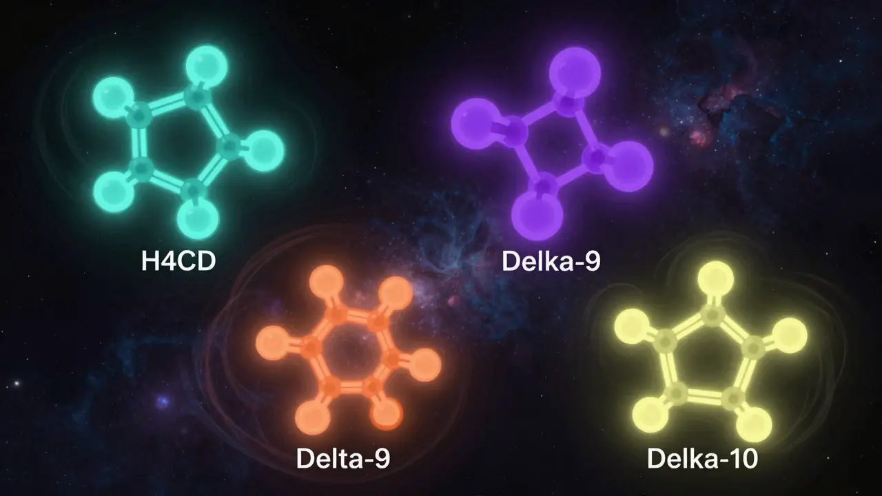 Molekulární struktury H4CBD, Delta-8, Delta-9 a Delta-10 plavou v kosmickém prostoru s různými barvami.