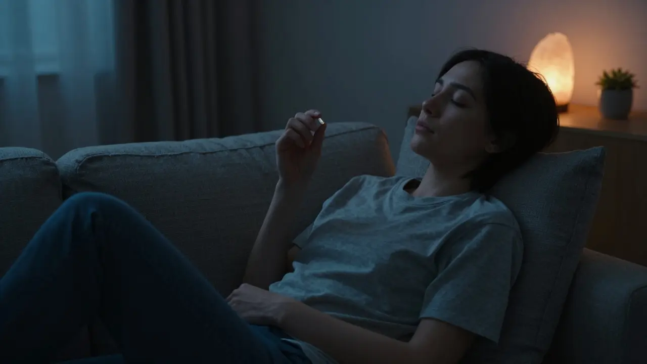 Osoba klidně sedí na kanapě ve tmavé místnosti s očima zavřenými a jemným světlem.