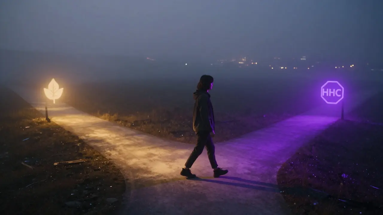 Osoba na křižovatce mezi klidným zlatým světlem Delta 8 a hlubokým fialovým světlem HHC.