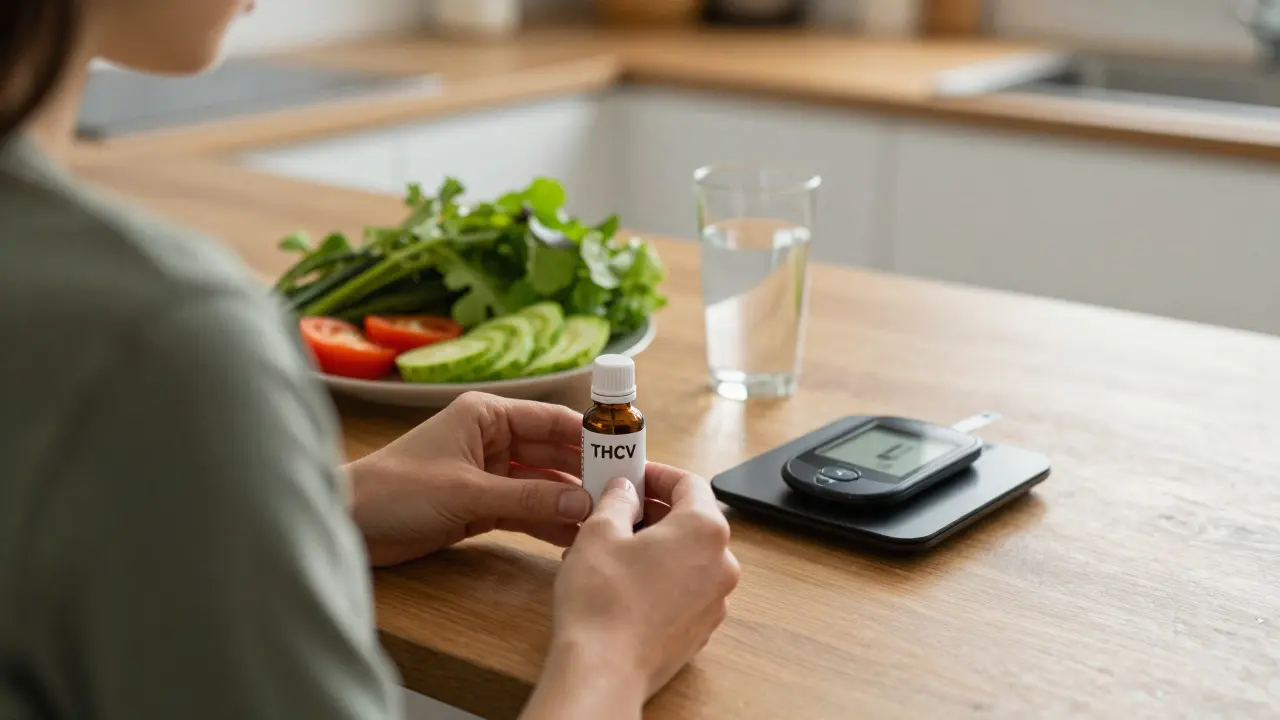 Osoba u stolu s olejem THCV, zeleninou a měřením krevního cukru.