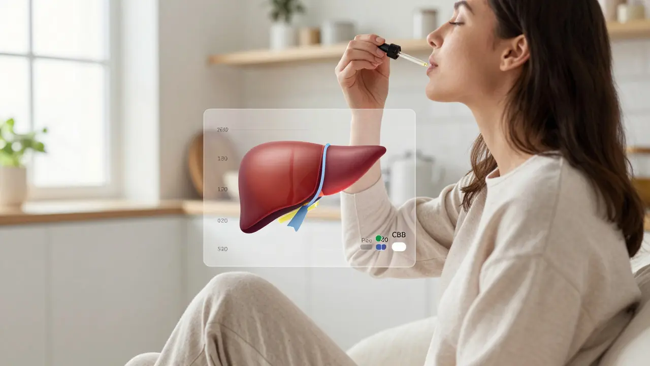 Osoba užívající CBD olej pod jazykem, s přehledem zlepšení jaterního tuku v pozadí.