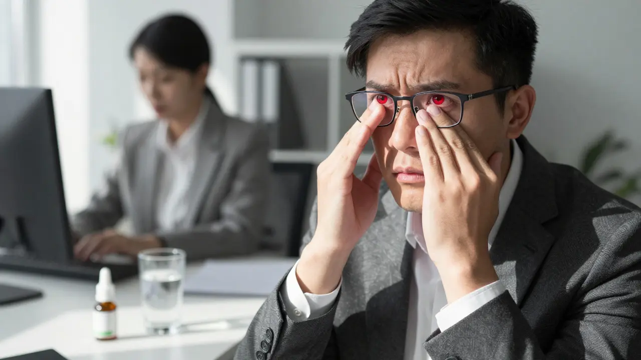 Osoba v kanceláři s červenými očima, na stole oční kapky a sklenice vody.