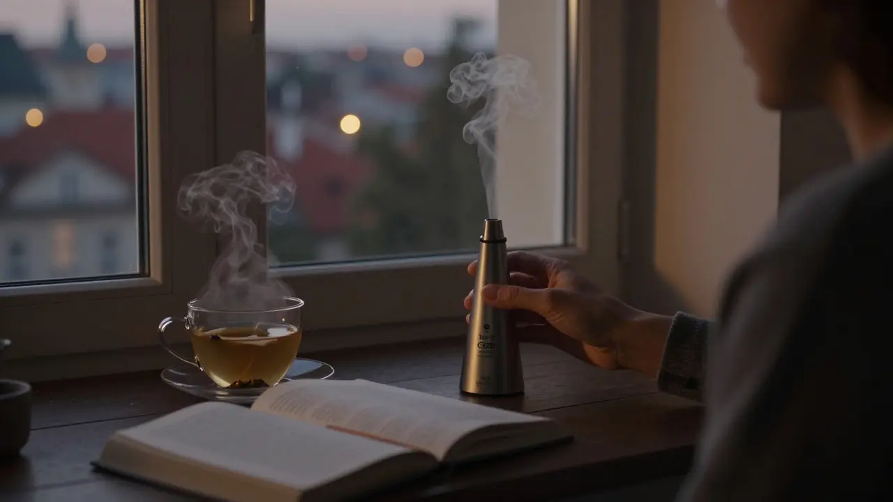 Osoba využívající vaporizér s CBD květem večer u okna v Praze s šálkem čaje.