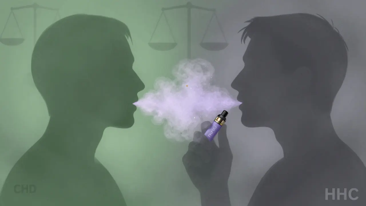 Postava vdechující jemný, zářivý mlhavý kouř, symbolizující nejistotu HHC vs. CBD.