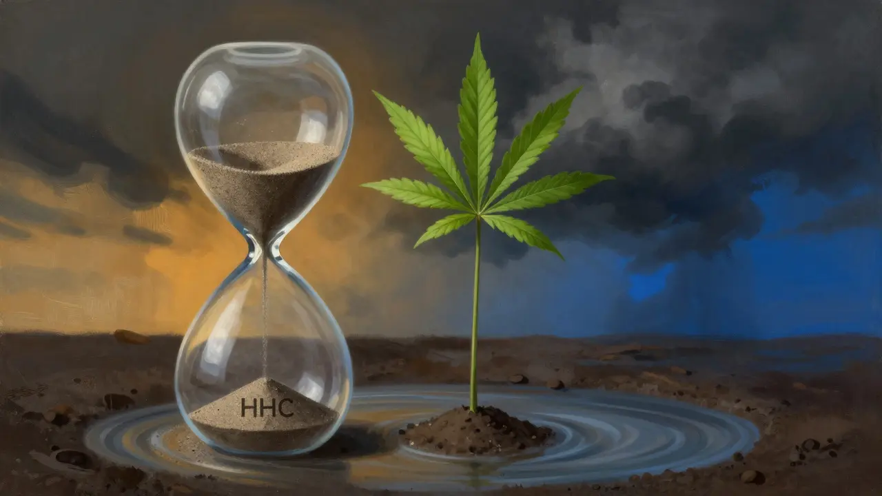 Přesýpací hodiny s HHC pískem tekoucím do nejisté zóny, zatímco CBD list roste v bezpečí.