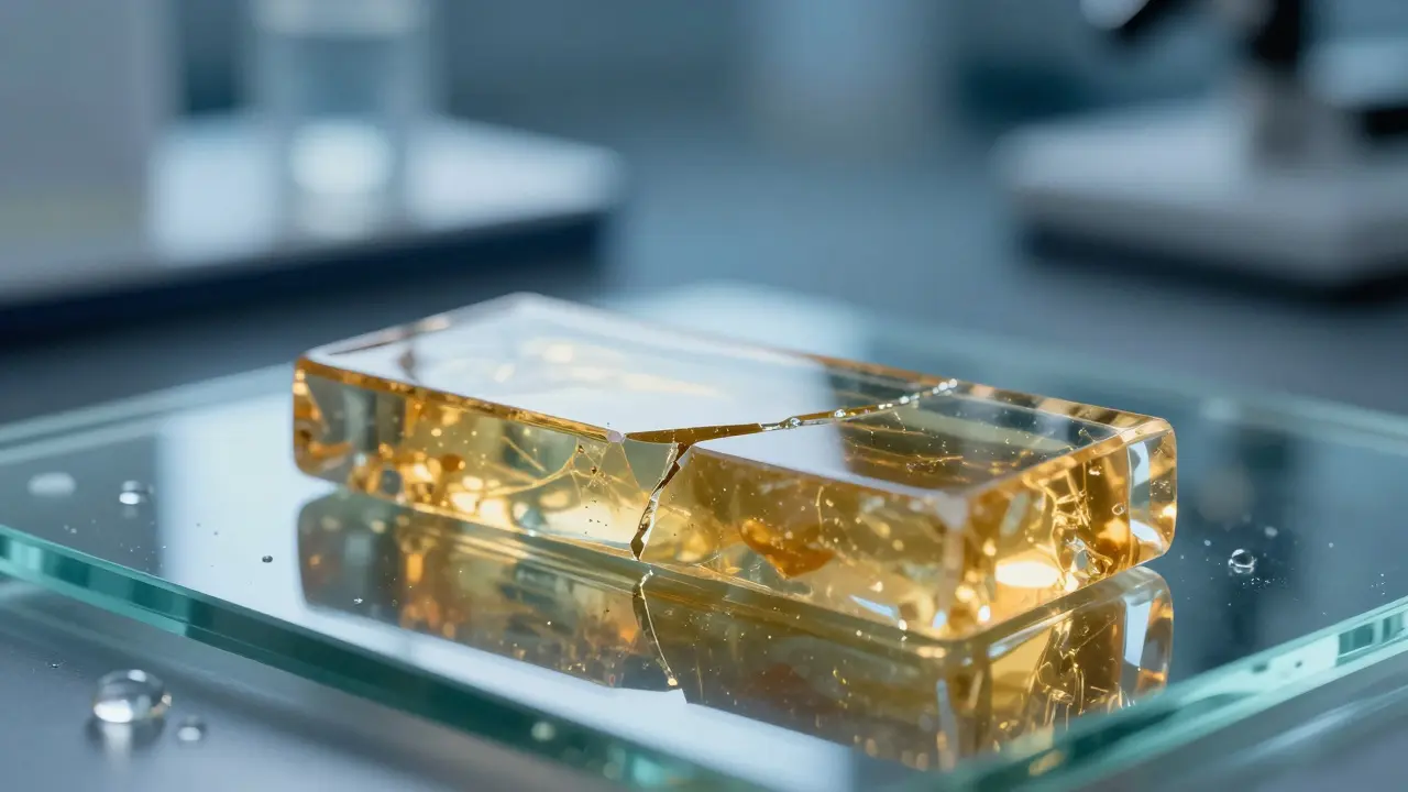 Průhledný CBD shatter v podobě skleněné desky s drobnou trhlinou