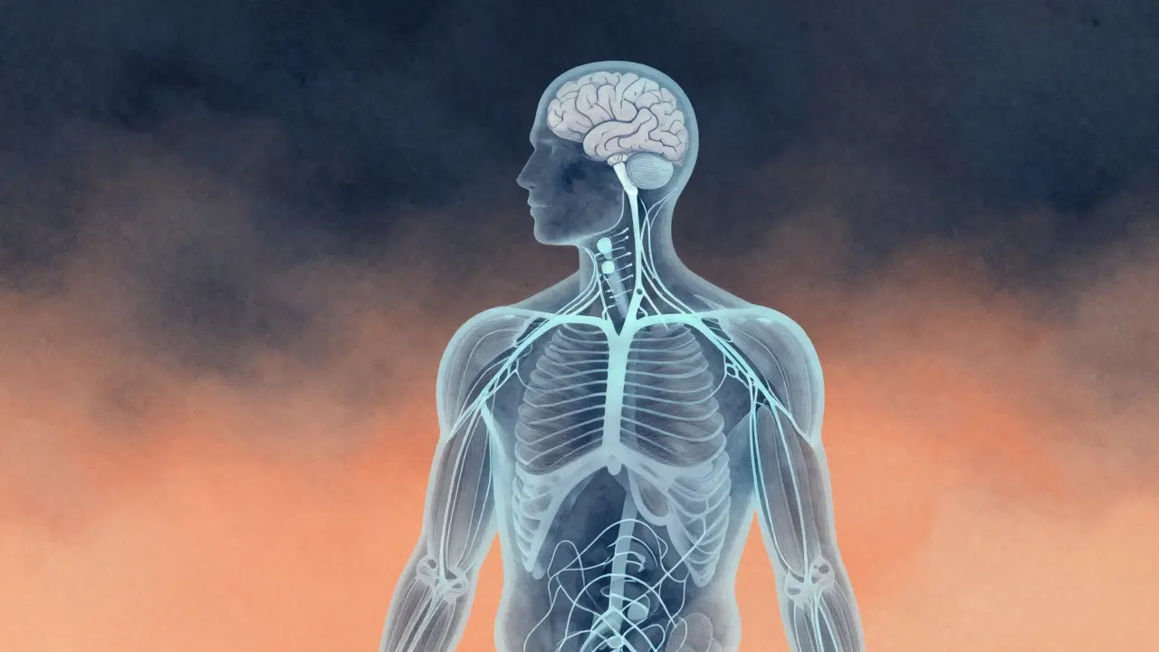 Průhledný silueta těla s uvolňujícími se svaly a klidně aktivním mozkem.