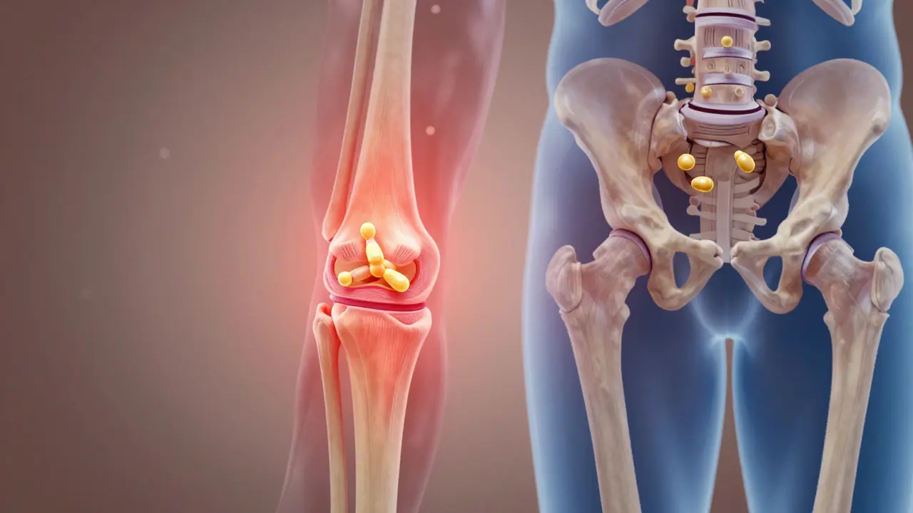Průřez kloubů s CBD molekulami, které snižují zánět a obnovují klid v tkáních.
