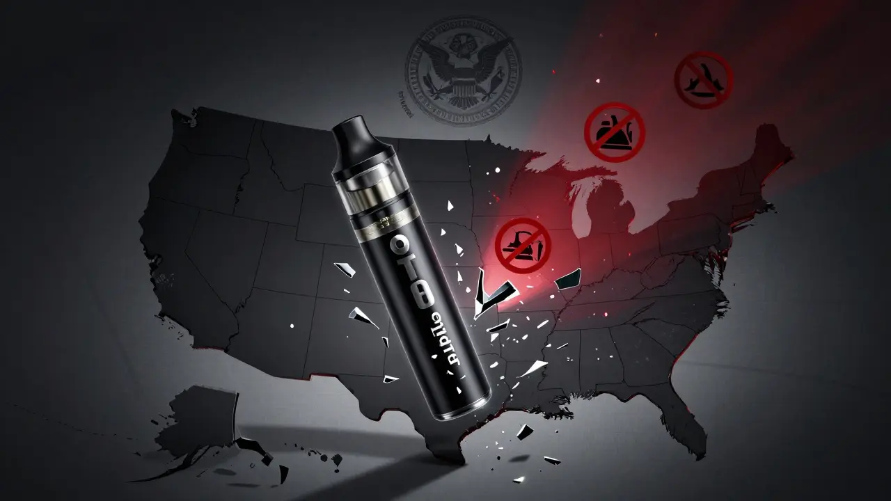 Rozbitý vape pen nad mapou USA s federálním orlem a symboly zakázání.