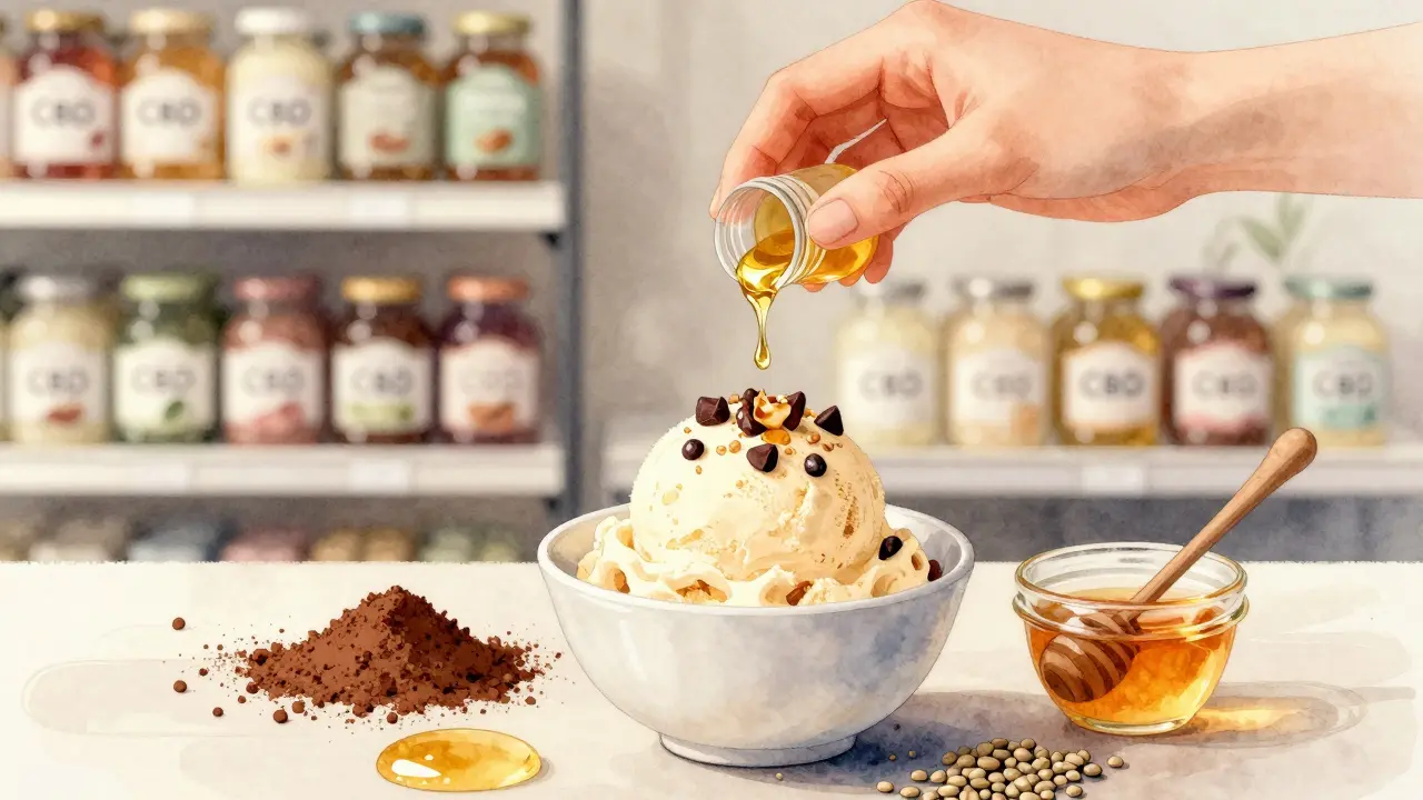 Ruce přidávají konopný olej do zmrzliny s čokoládovými čipky a oříšky, symbolizující domácí přípravu.