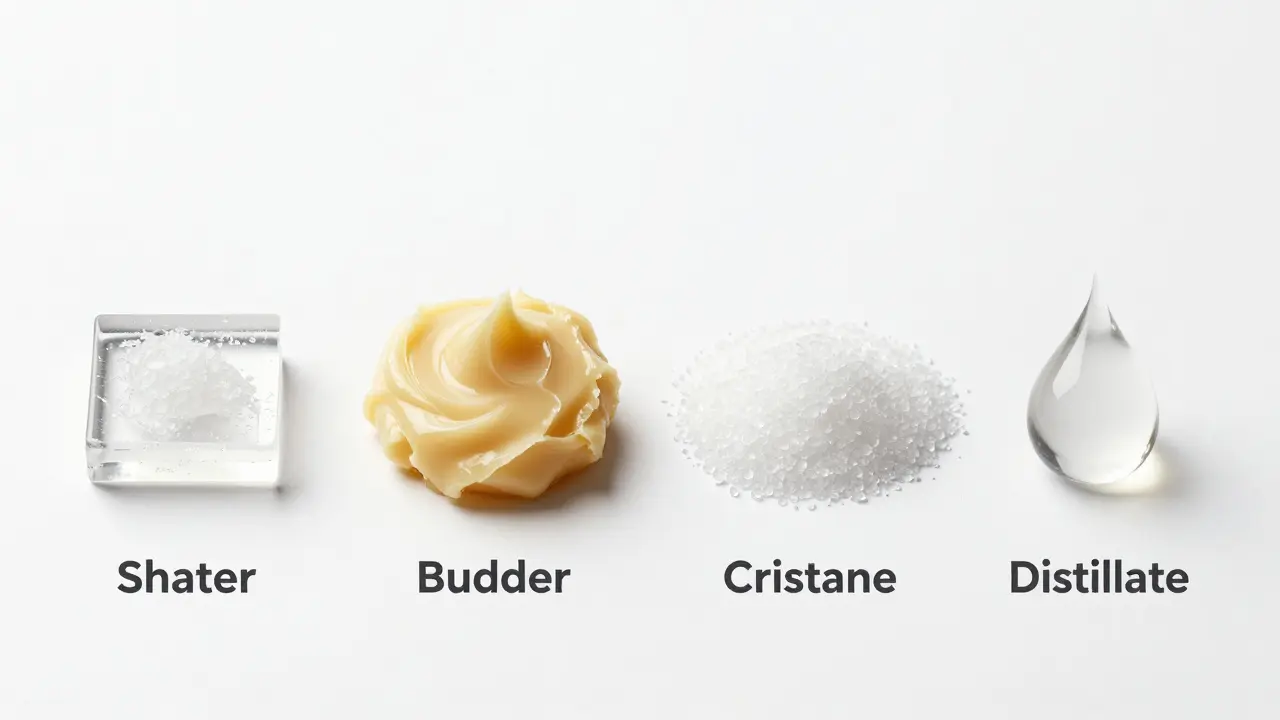 Srovnání čtyř typů CBD extraktů: shatter, budder, krystaly a olej.