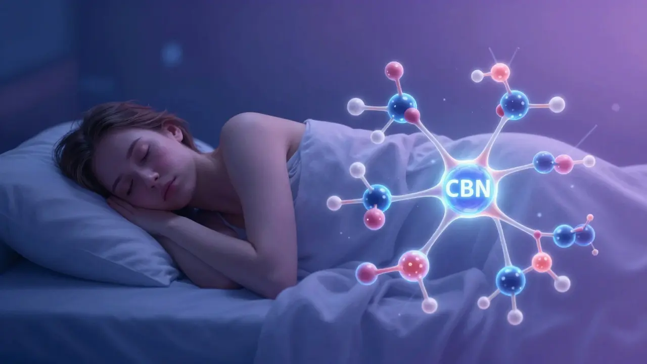 Srovnání klidného spánku a molekulární interakce CBN s nervovým systémem.