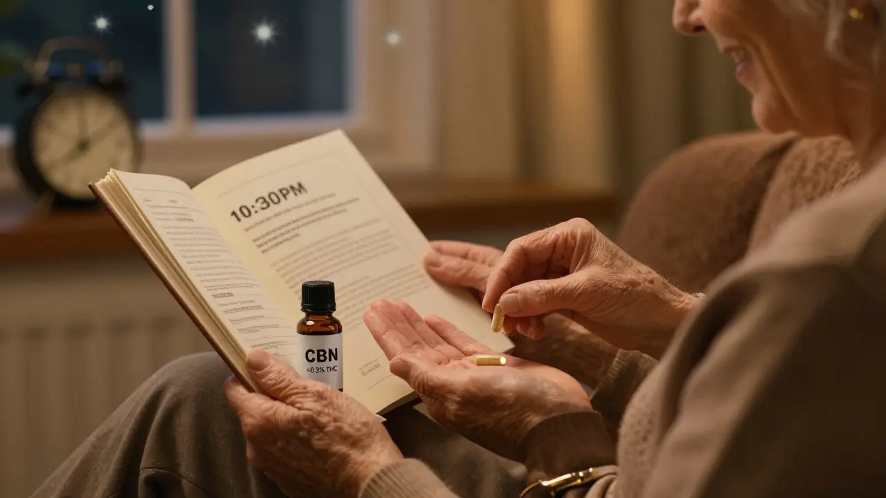 Starší osoba drží kapsli CBN s certifikátem analýzy v teplém osvětleném prostředí.