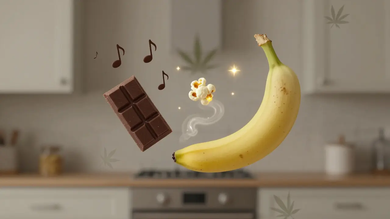 Surreální scéna jídel, která zazpívají a září, znázorňující zvýšené chuťové vnímání při konzumaci konopí.