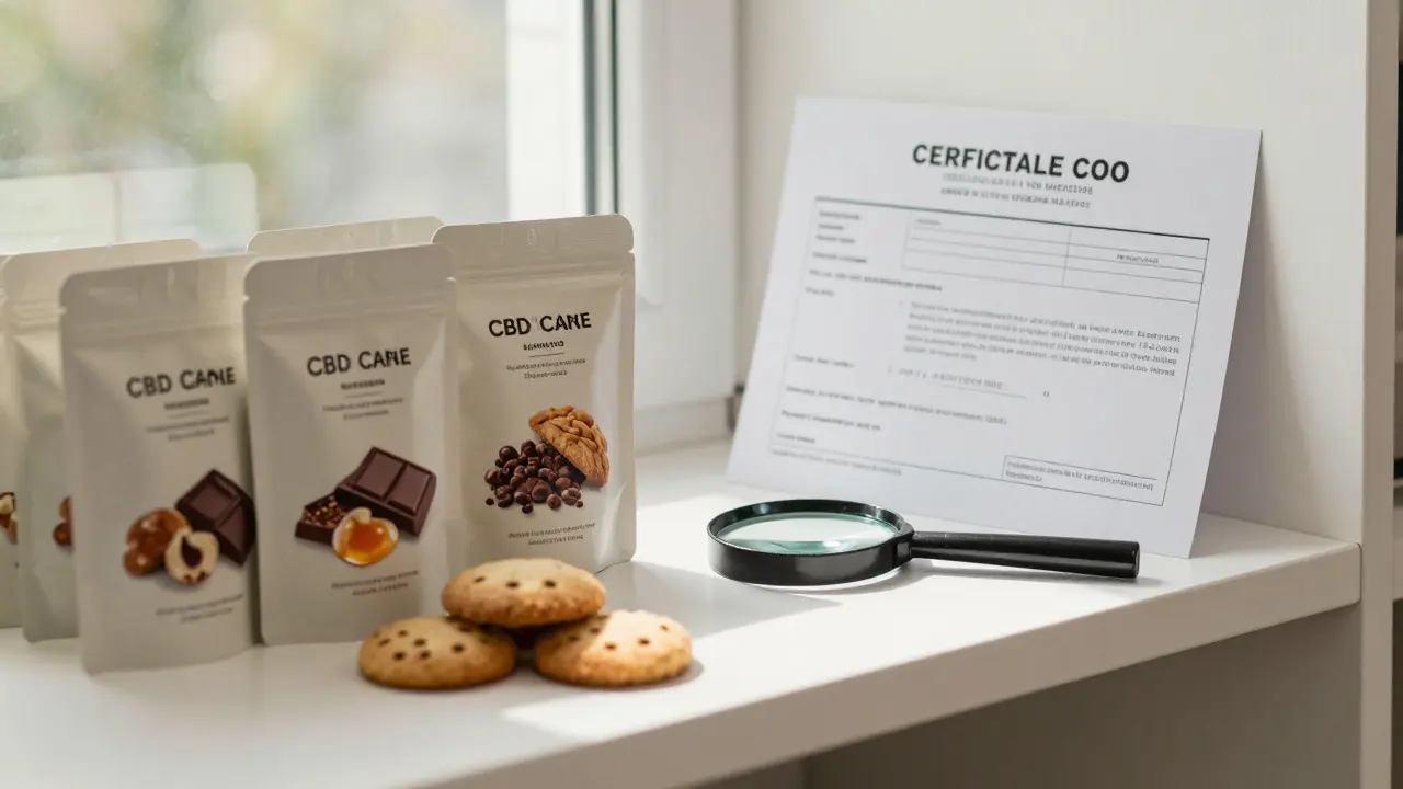 Tři CBD sušenky na polici s certifikátem analýzy a přírodními složkami.