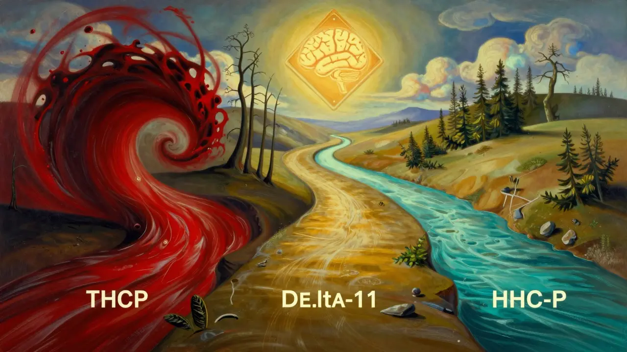 Tři cesty účinků cannabinoidů jako řeky v surrealní krajině: chaos, klid a střední cesta