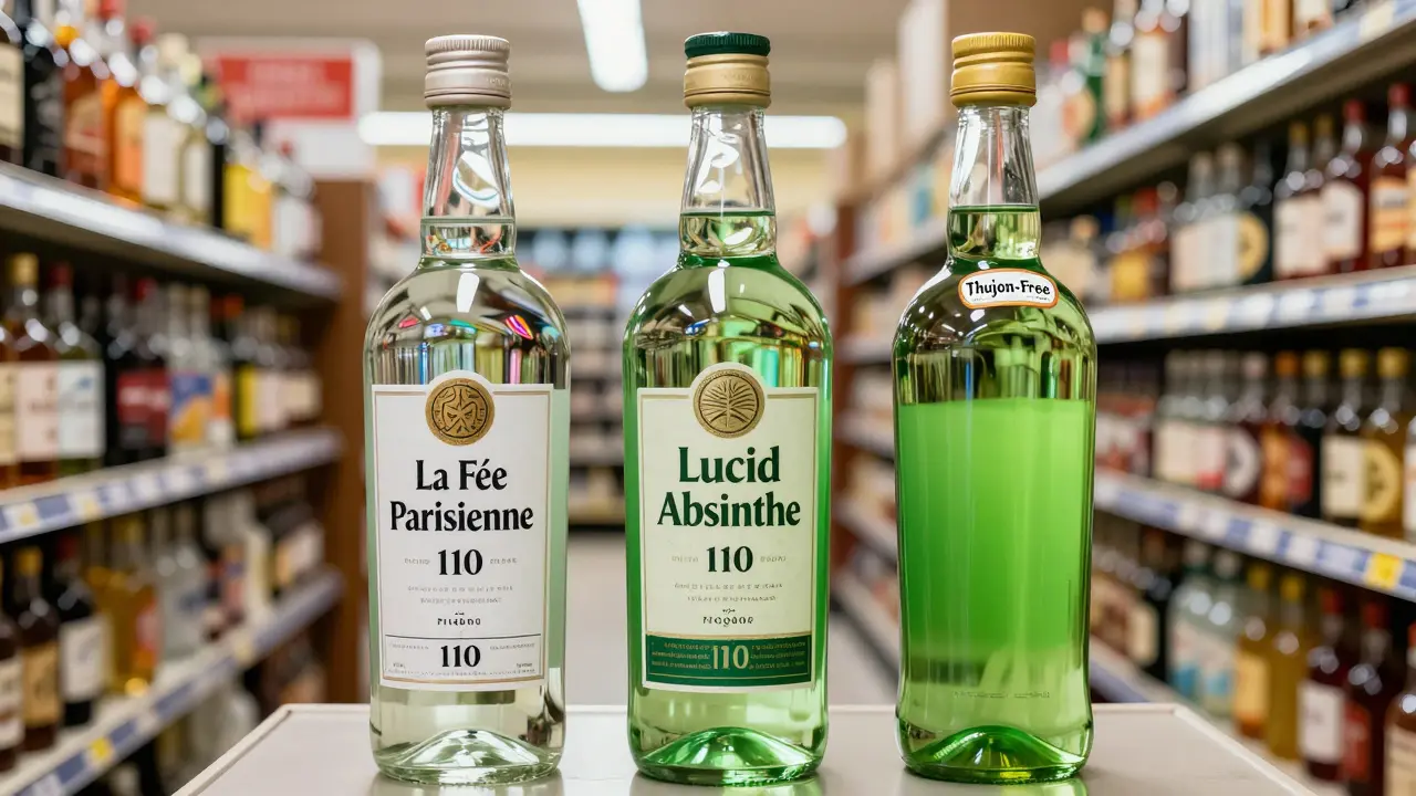 Tři lahve absinthu v obchodě s alkoholem: dvě legální a jedna bez označení.