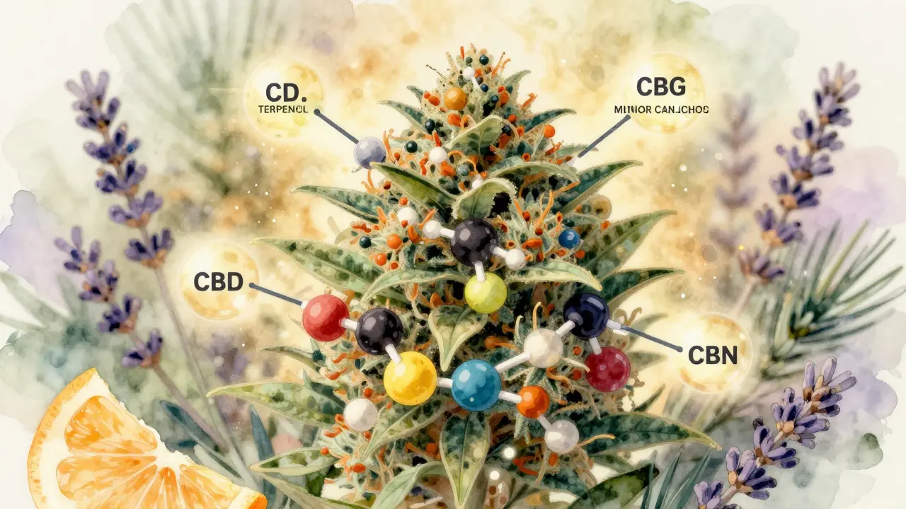Umělecká ilustrace vnitřního složení CBD květu s terpény a kanabinoidy v zlatém záření.