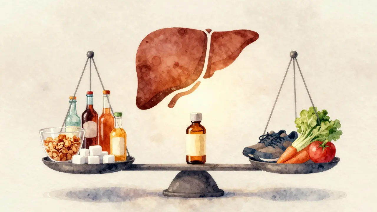 Váha s nezdravými potravinami na jedné straně a CBD, pohybem a zdravou stravou na druhé.