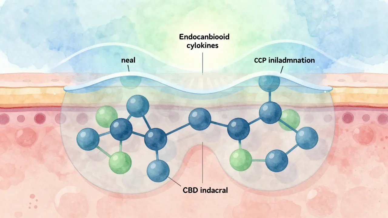 Vizualizace CBD molekul aktivujících receptory v kůži a snižujících zánět.