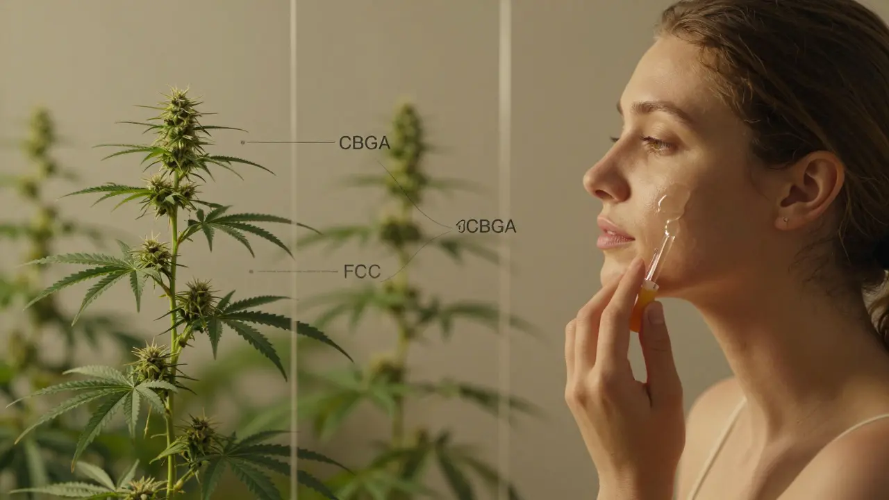 Žena aplikuje sérum s CBG a CBD na obličej ve věčerním světle, symbolizující přirozenou rovnováhu kůže.