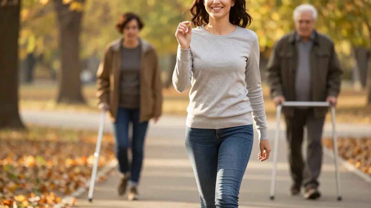 Žena kráčí po parku bez bolesti, drží CBD kapsli, za ní postavy s holí se mění v mlhu.