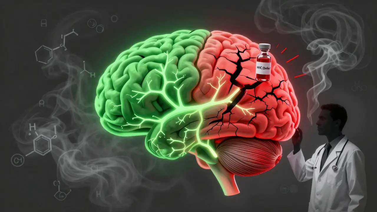 Abstraktní obrázek mozku s částmi symbolizujícími klid a nebezpečí od HHC a Delta 8.