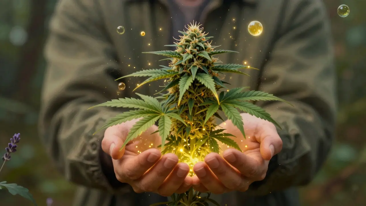 Celá rostlina konopí v rukou s zlatými částicemi symbolizujícími entourage efekt.