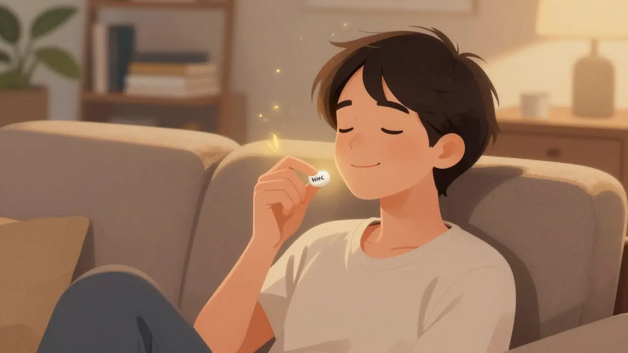 Člověk uvolněně sedí na sofě, drží žvýkačku a cítí mírnou euforii.