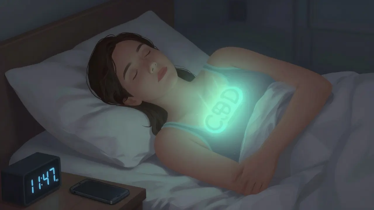 Člověk v posteli v klidu, s jemným zářivým světlem symbolizujícím uklidnění.