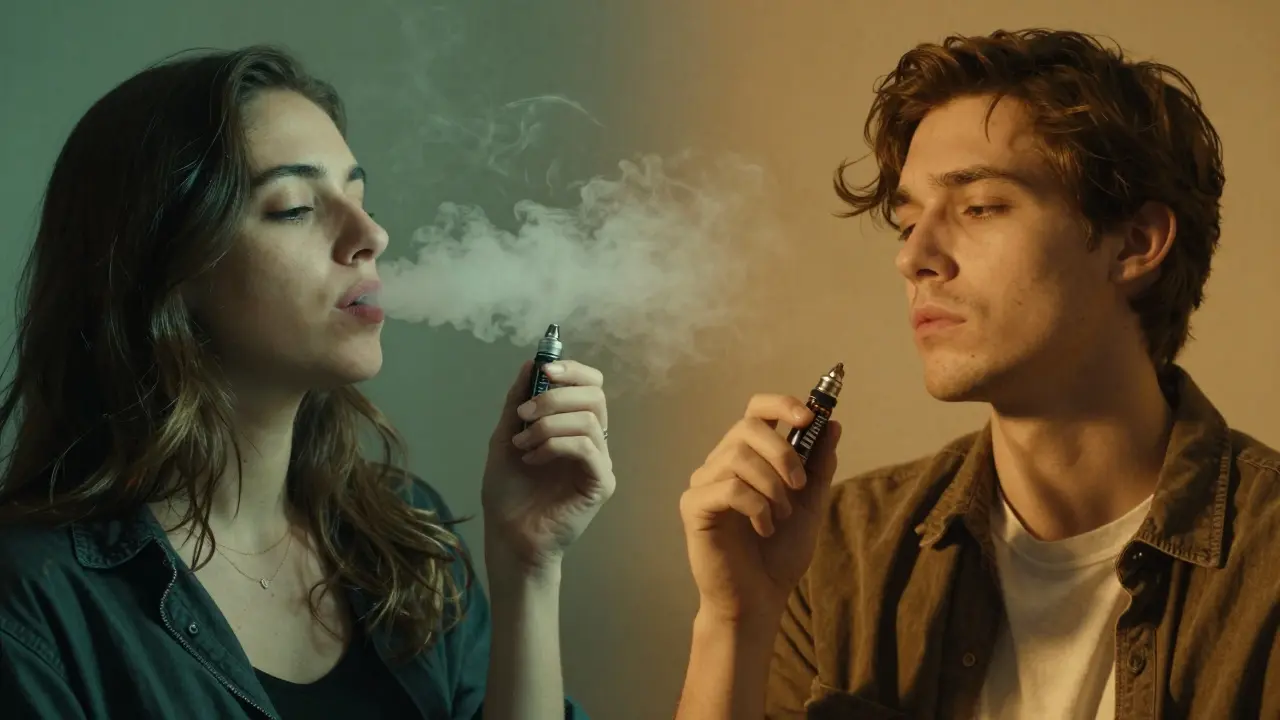 Dva lidé: jeden klidný s CBD vape, druhý mírně zmatený s HHC vape, různé barvy světla.