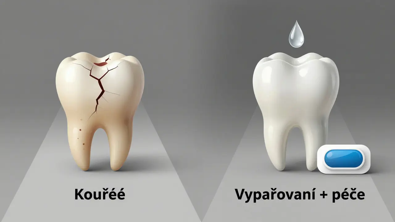 Dva paralelní scénáře: poškozený zub versus zdravý zub s vodou a xylitolovou náplastí.