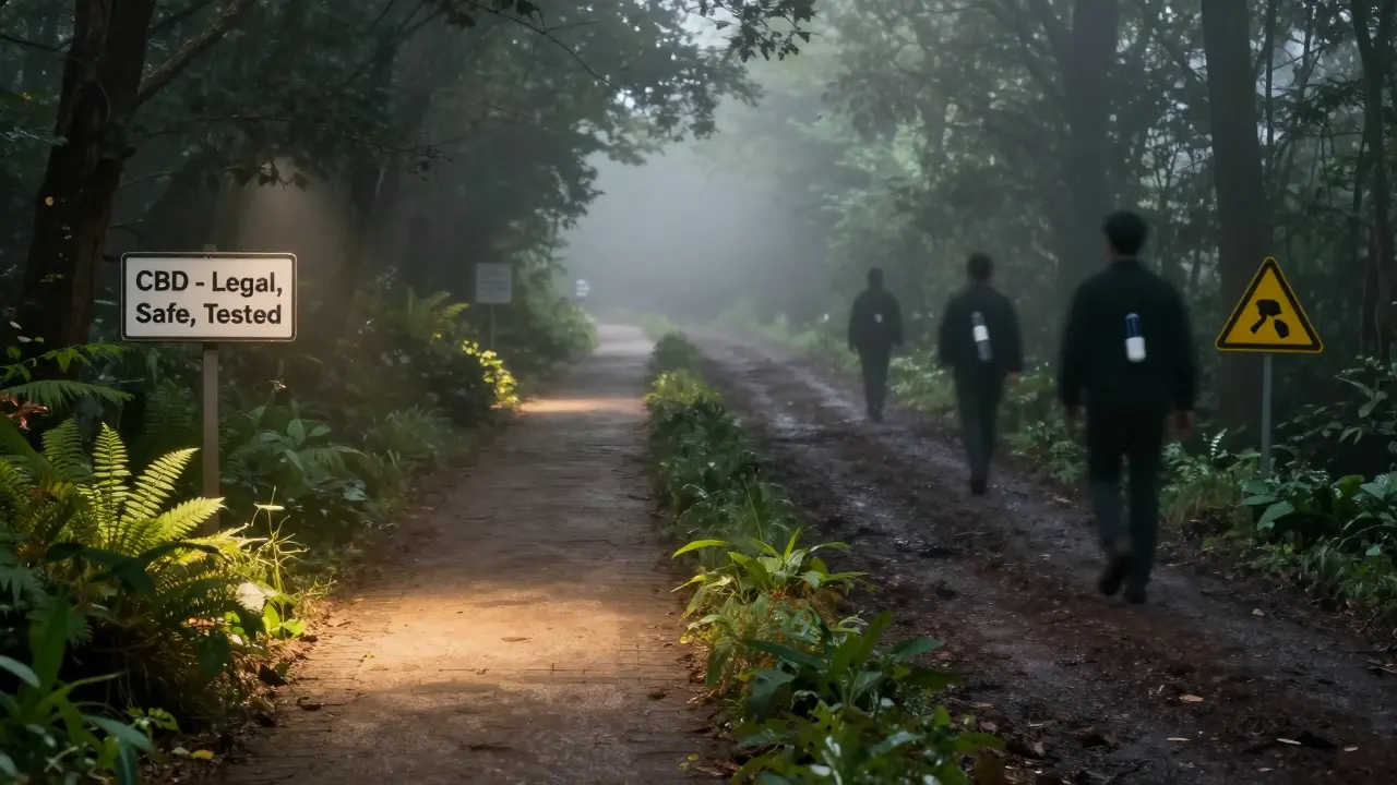 Dvě cesty v lese: jedna bezpečná a osvětlená s CBD, druhá temná a nebezpečná s delta-8.