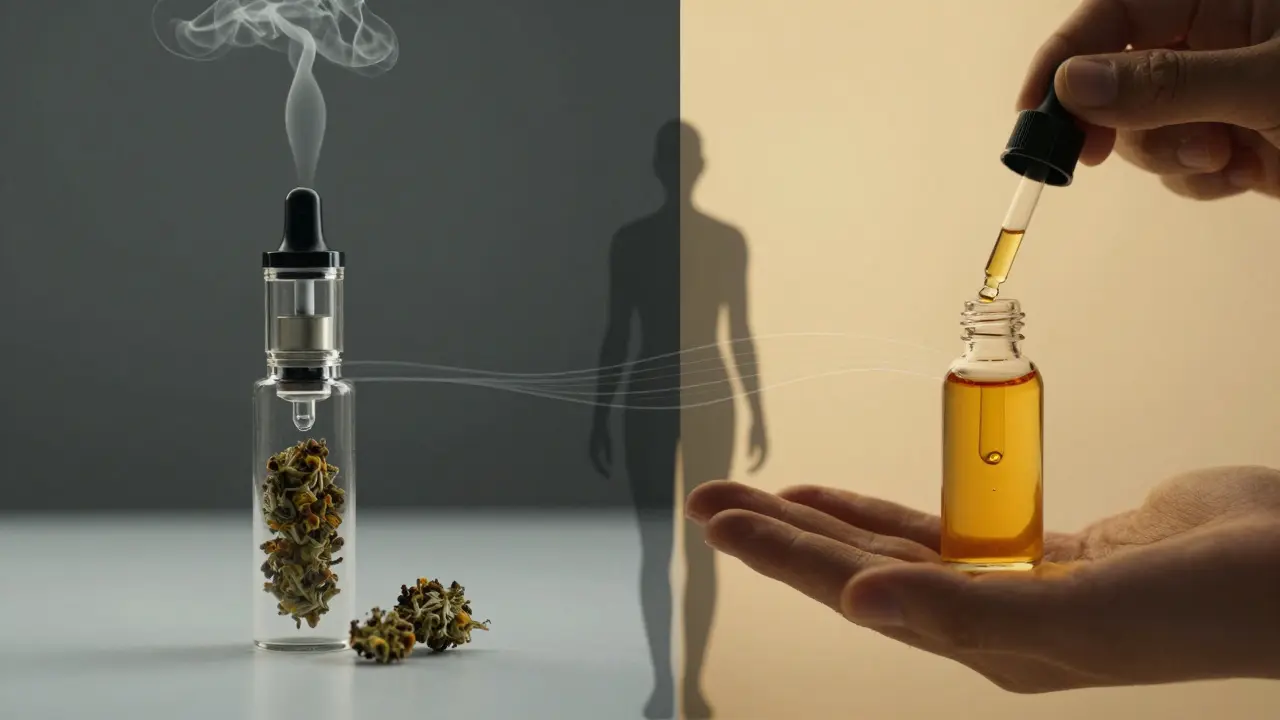 Dvě formy CBD: vypařování květů a kapky extraktu z celé rostliny.